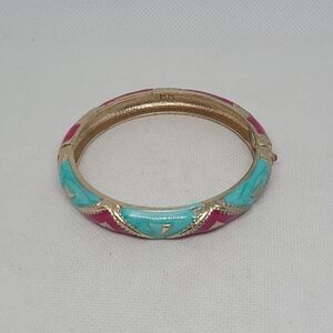Enamel Hinged Bangle  Bracelet Signed HR Multicolor Geometric Gold Tone 7"